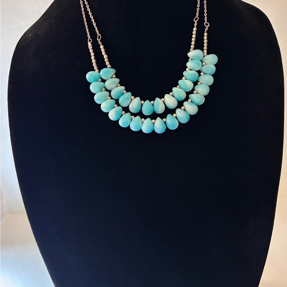 Vintage Bib Statement Necklace with Aqua Blue & White Blended Stones